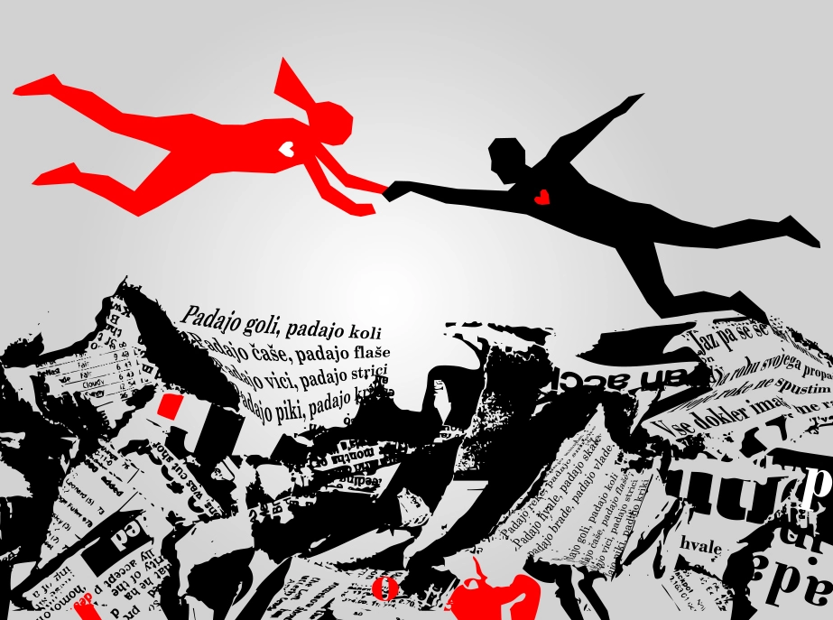 Ilustracija rdeče in črne leteče figure, ki se dotikata nad kopico razrezanih časopisnih izrezkov z besedilom pesmi Padajo